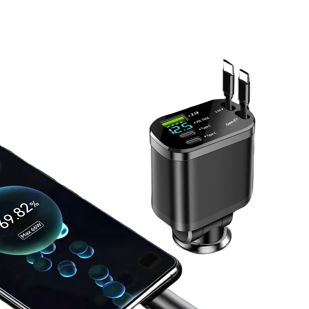 Black rectangular 5-in-1 fast retractable car charger with digital display and two type-c ports for efficient charging