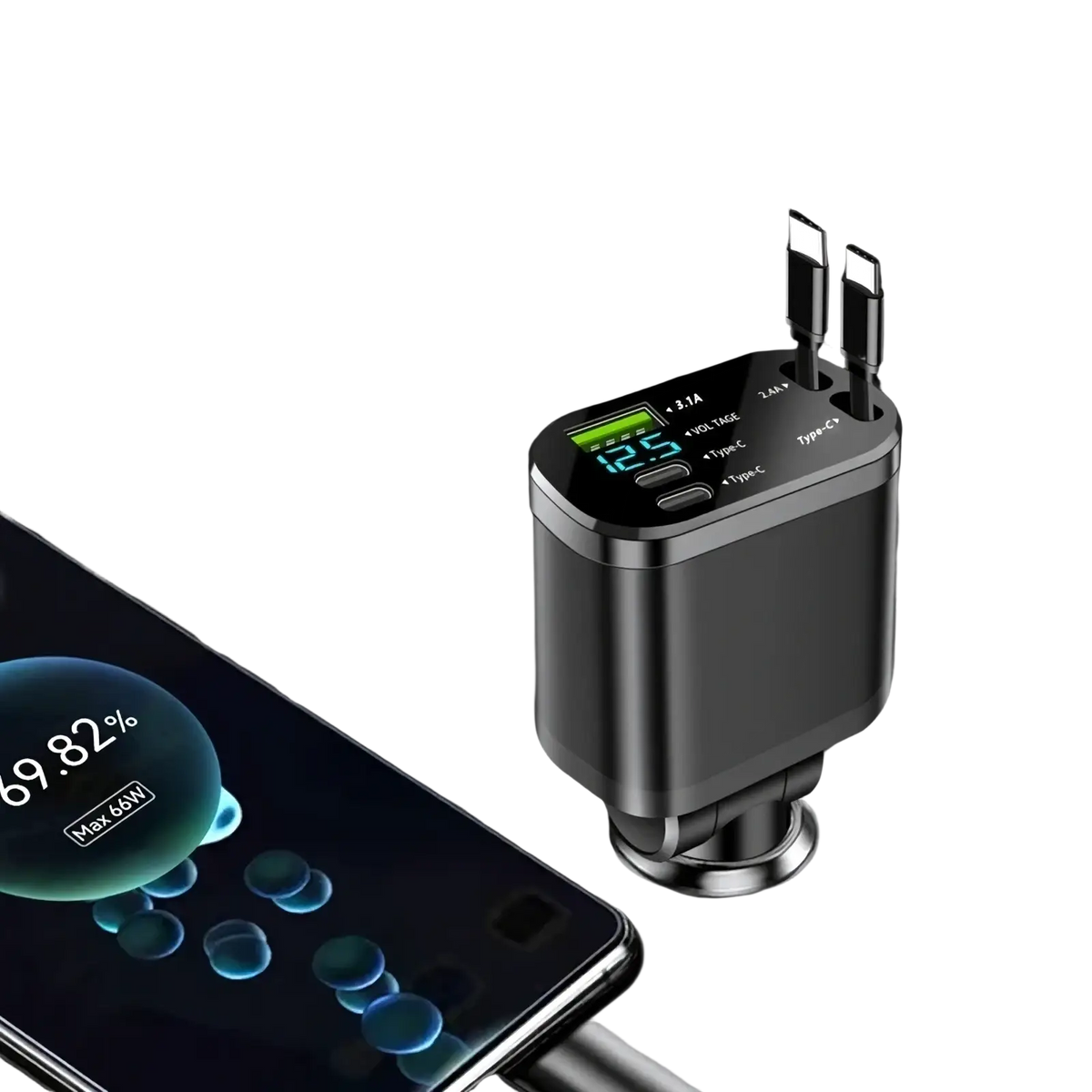Black rectangular 5-in-1 fast retractable car charger with digital display and two type-c ports for efficient charging