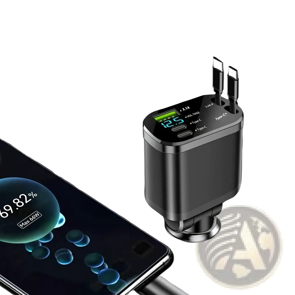 Black rectangular 5-in-1 fast retractable car charger with digital display and two type-c ports for efficient charging