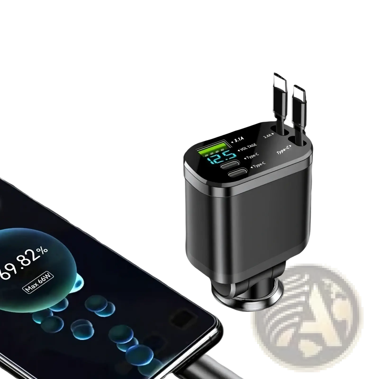 Black rectangular 5-in-1 fast retractable car charger with digital display and two type-c ports for efficient charging