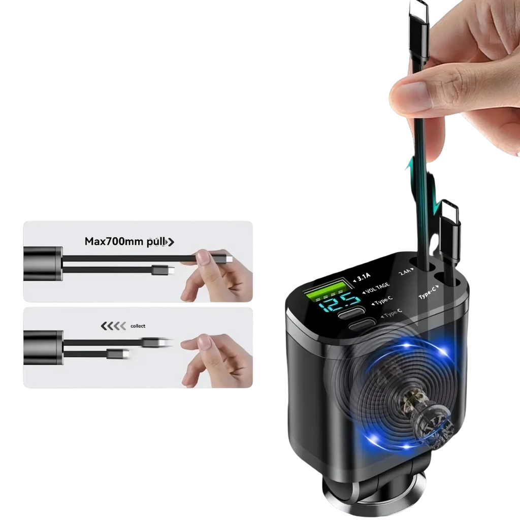 Black and silver 5-in-1 fast retractable car charger with dual usb cables and digital voltage and current display