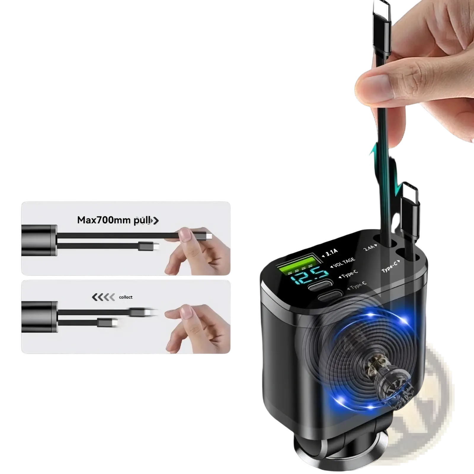 Black and silver 5-in-1 fast retractable car charger with dual usb cables and digital voltage and current display