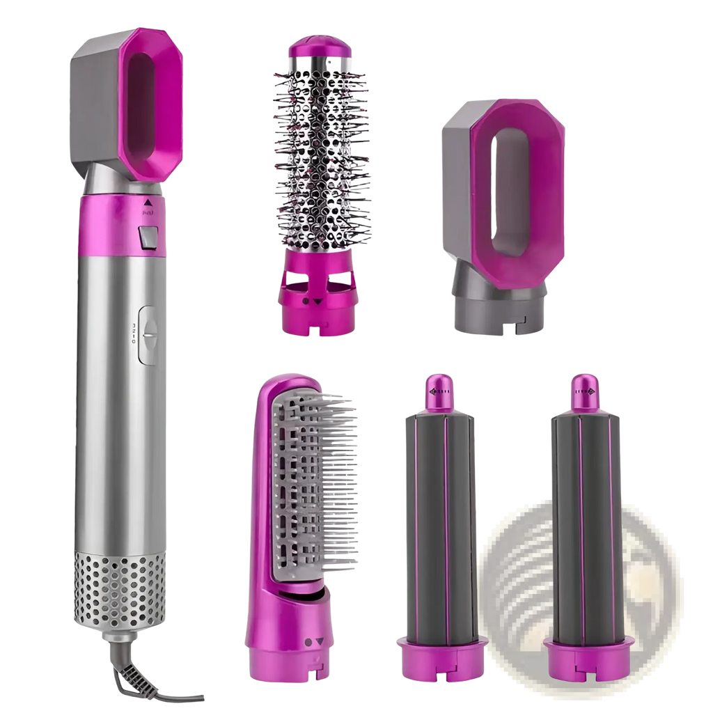 Pink and silver 5-in-1 hot air comb hair dryer and styler set with interchangeable multi-functional attachments