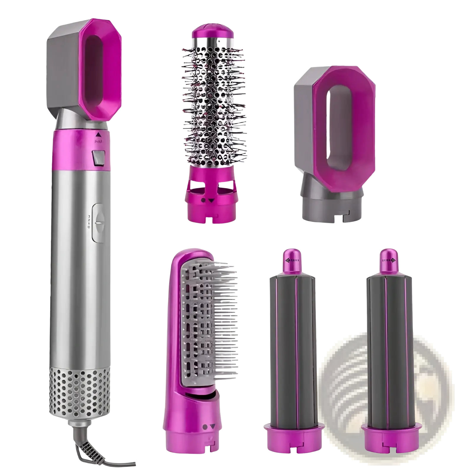 Pink and silver 5-in-1 hot air comb hair dryer and styler set with interchangeable multi-functional attachments