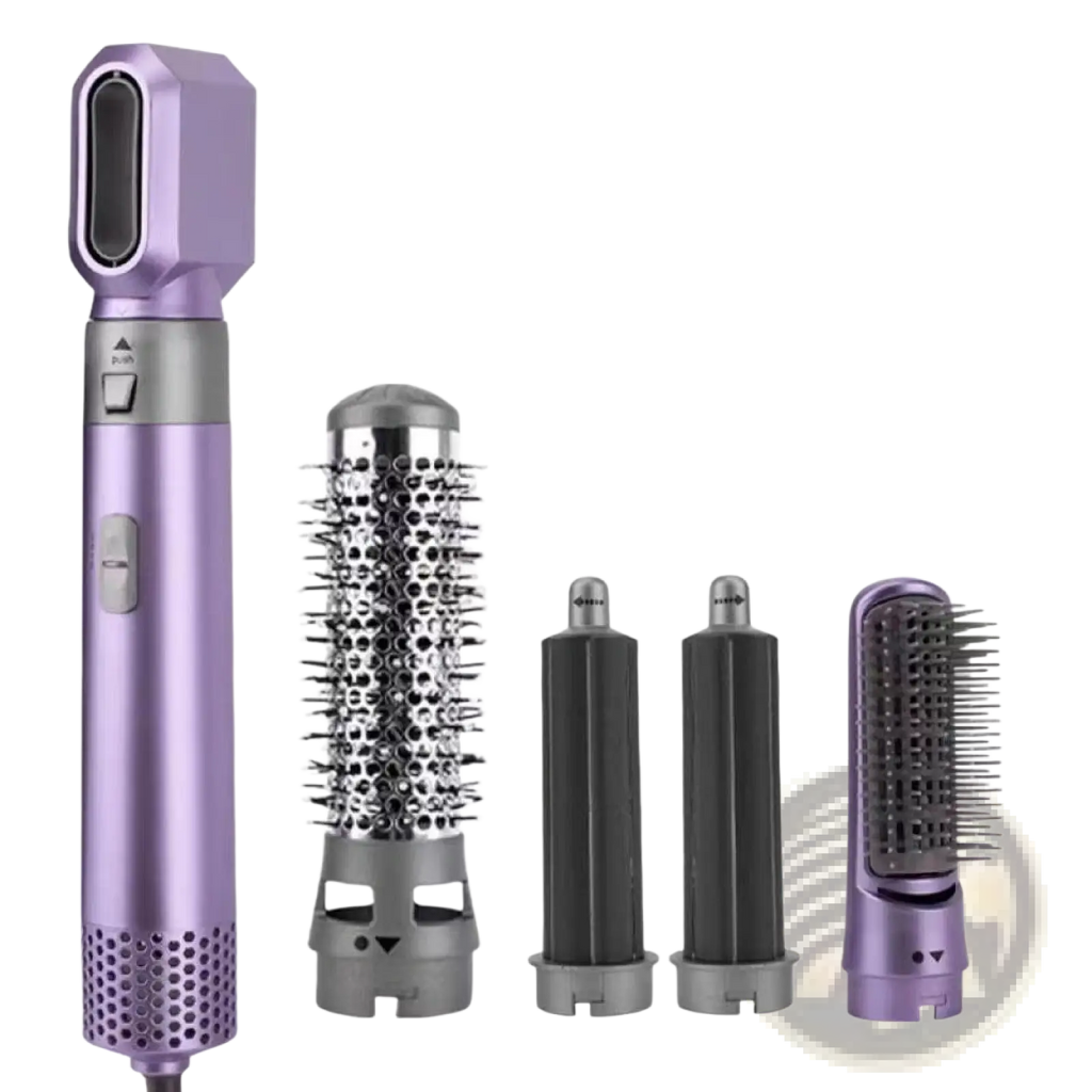 Purple 5-in-1 hot air comb hair dryer and styler set with multifunctional interchangeable attachments for versatile styling
