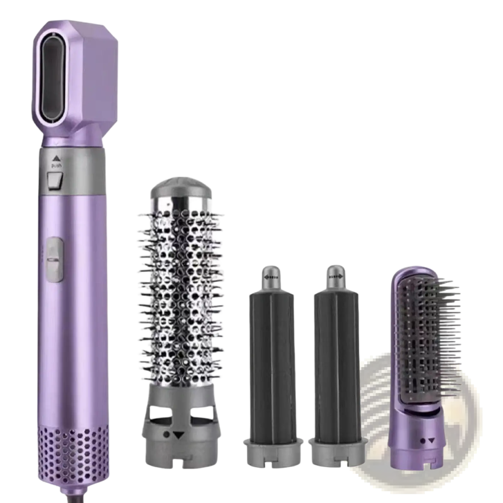 Purple 5-in-1 hot air comb hair dryer and styler set with multifunctional interchangeable attachments for versatile styling