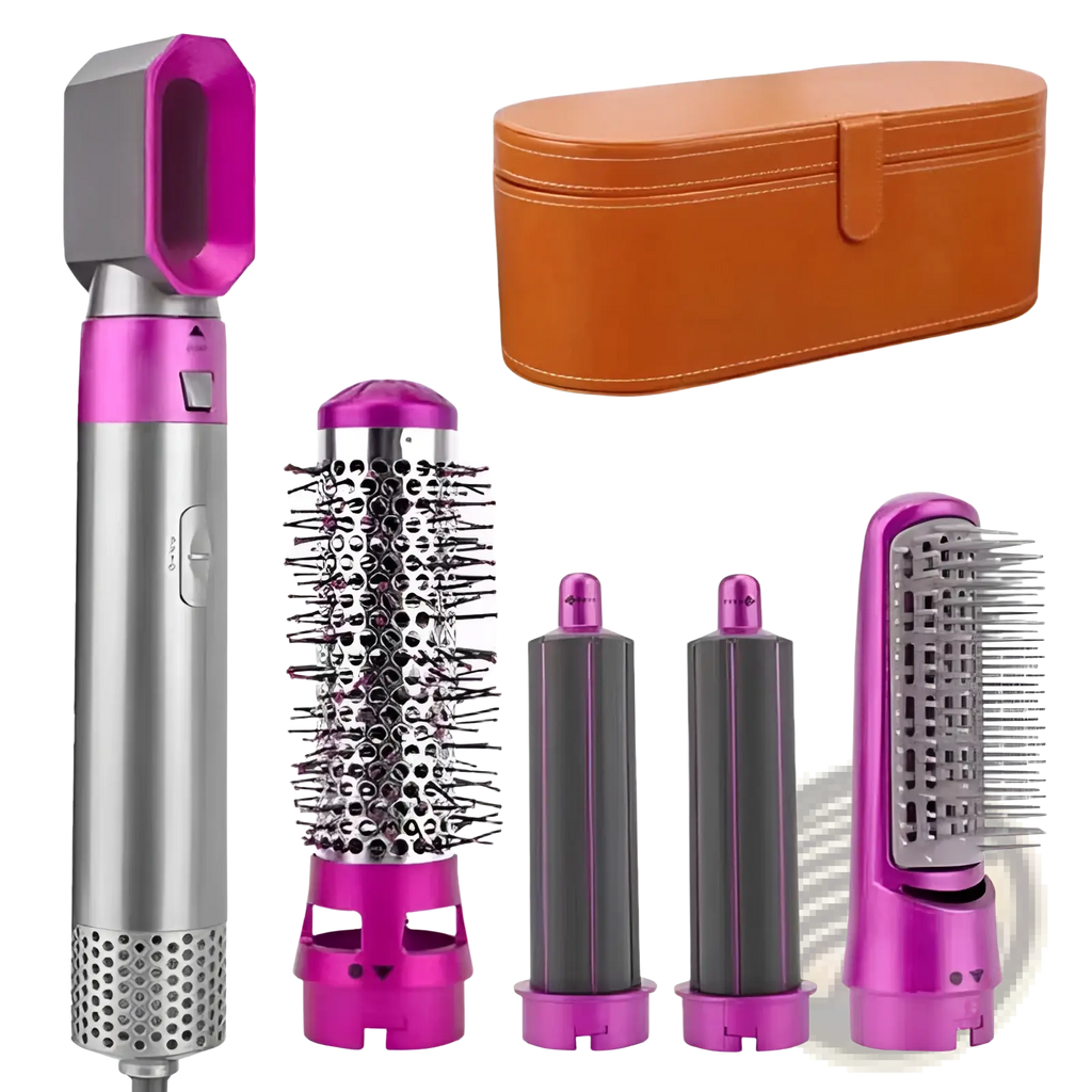 Purple and silver 5-in-1 hot air comb hair dryer and styler set with interchangeable styling attachments for versatile use