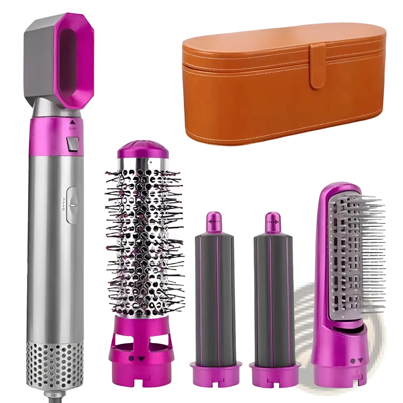 Purple and silver 5-in-1 hot air comb hair dryer and styler set with interchangeable styling attachments for versatile use