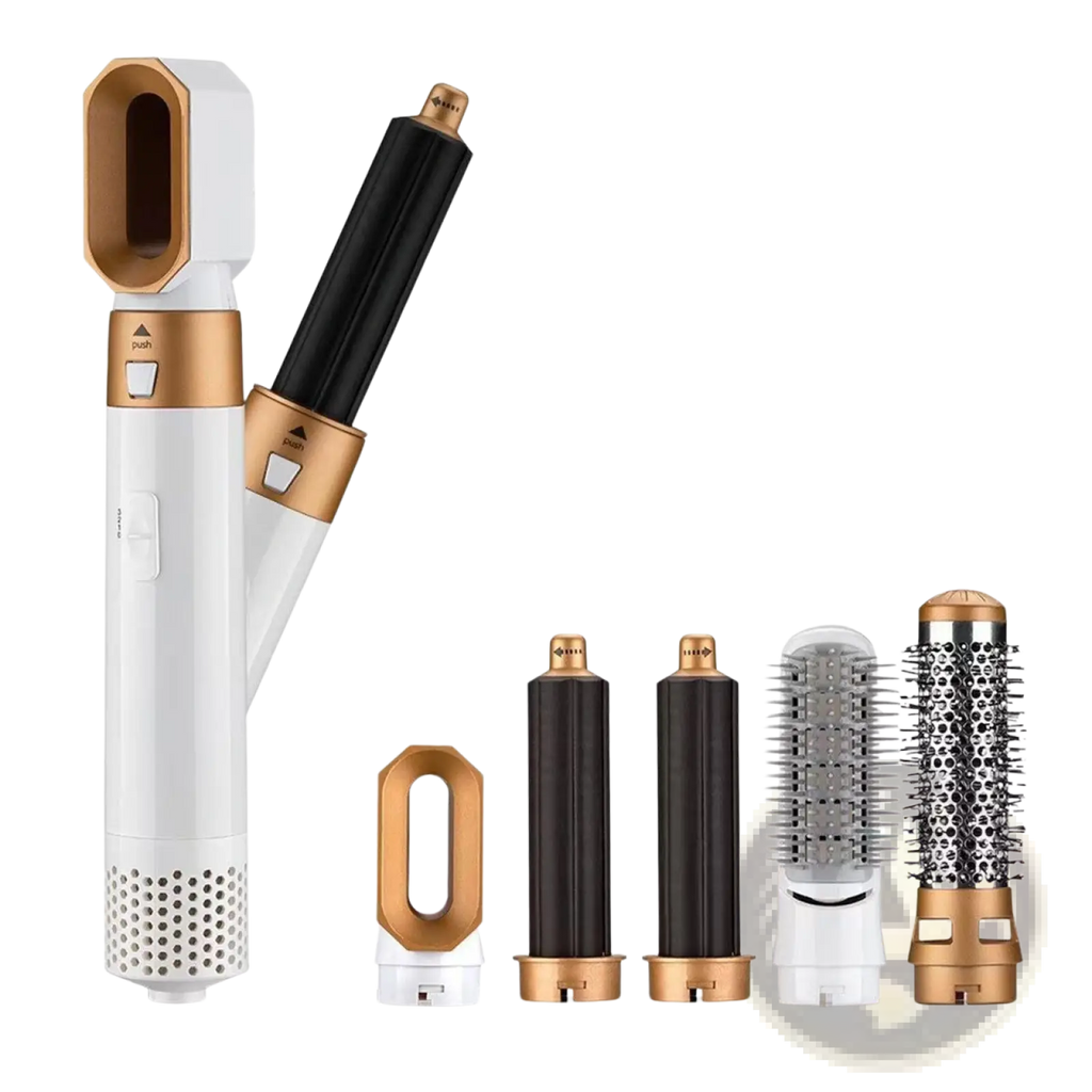 White and gold 5-in-1 hot air comb hair dryer and styler set with interchangeable attachments for versatile styling