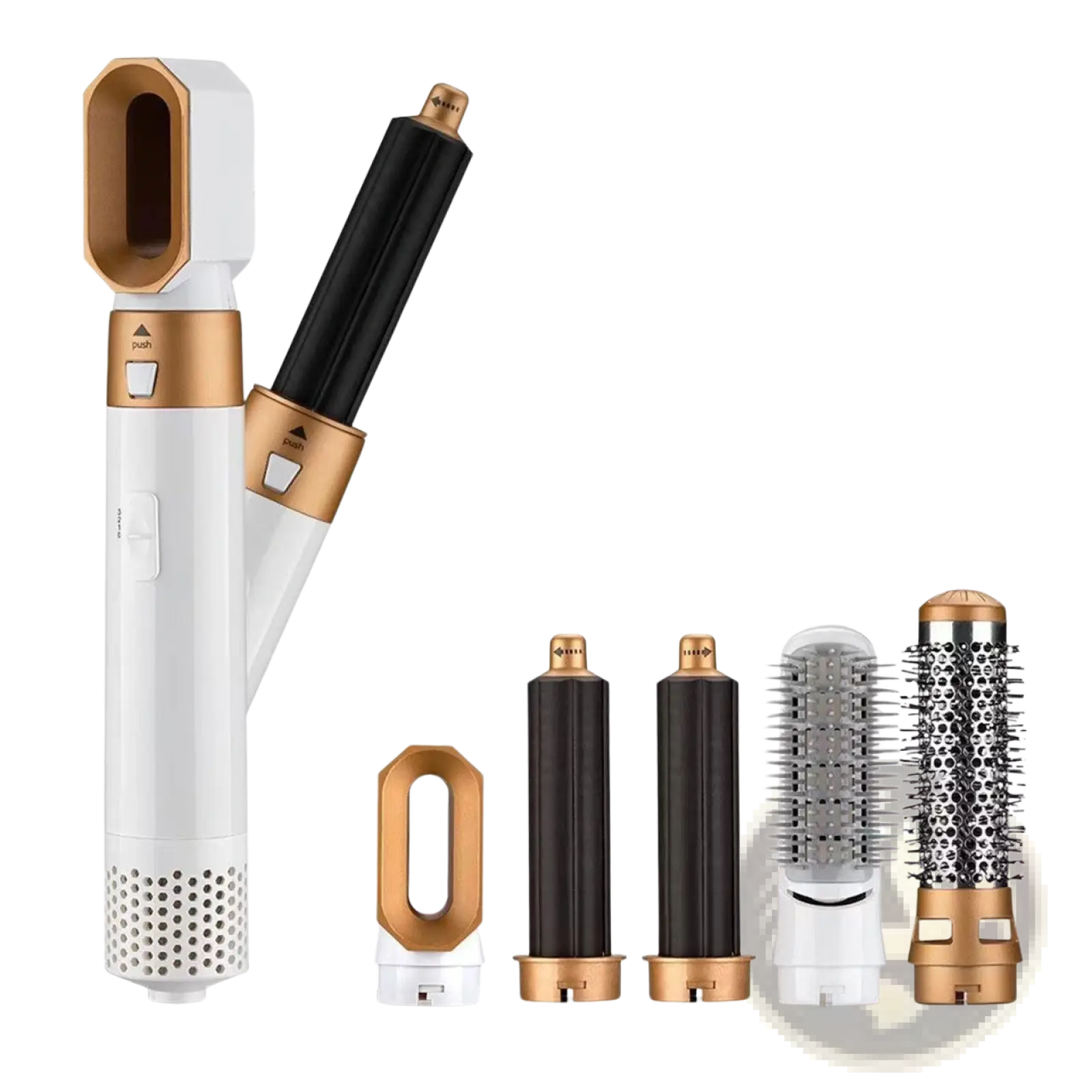 White and gold 5-in-1 hot air comb hair dryer and styler set with interchangeable attachments for versatile styling