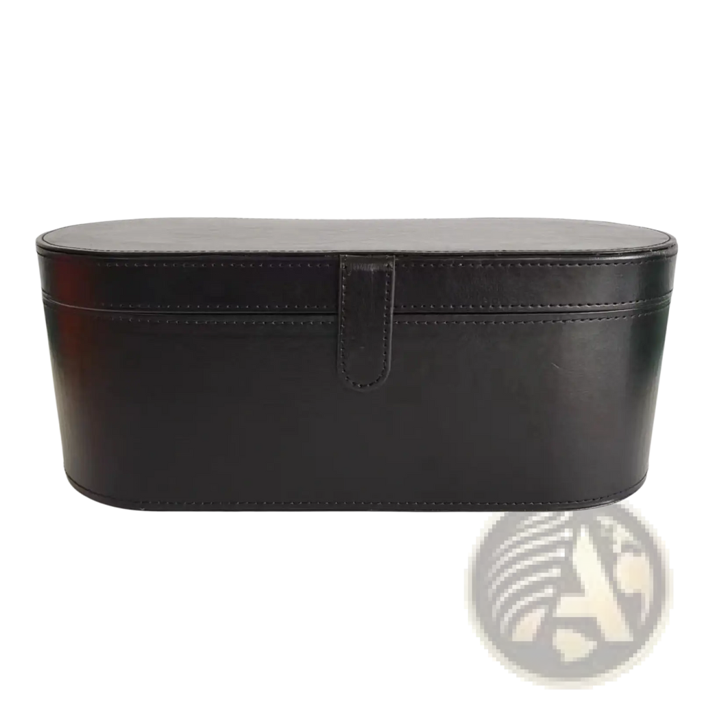Black leather oval makeup case with flap closure and stitched detailing for 5-in-1 hot air comb hair dryer and styler set