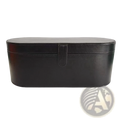 Black leather oval makeup case with flap closure and stitched detailing for 5-in-1 hot air comb hair dryer and styler set