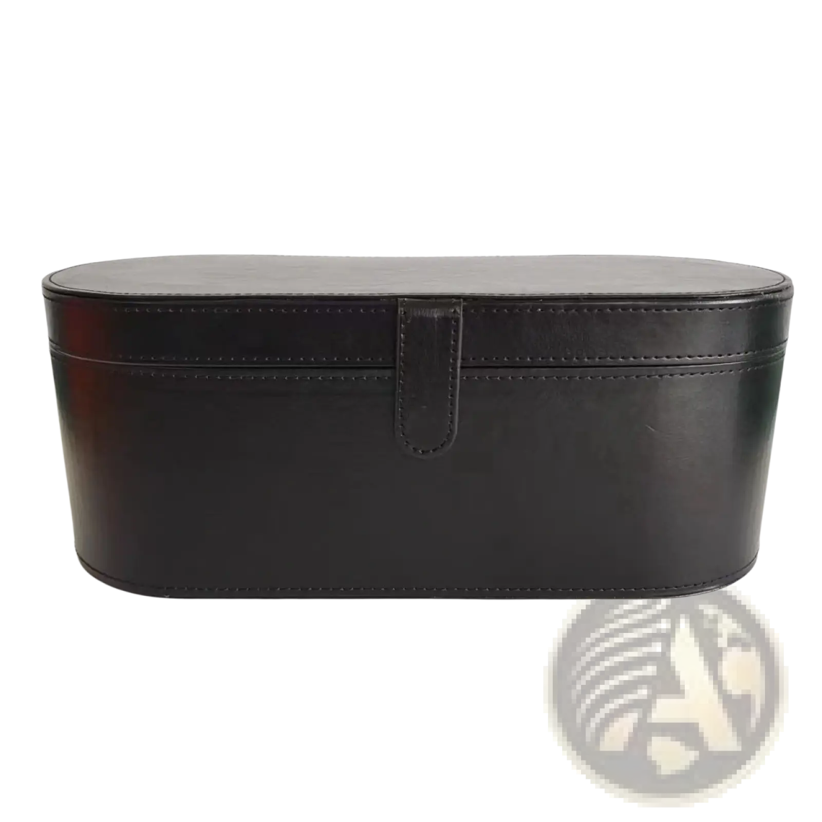 Black leather oval makeup case with flap closure and stitched detailing for 5-in-1 hot air comb hair dryer and styler set