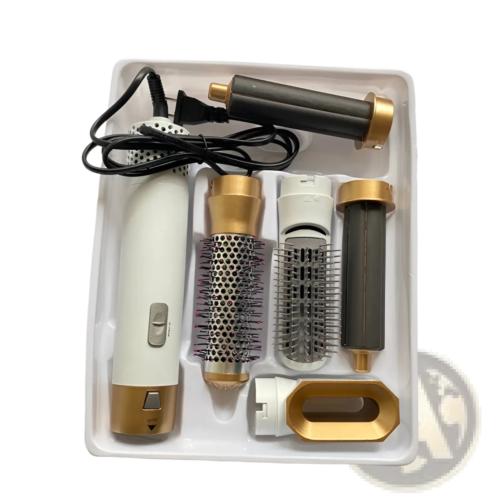 White and gold 5-in-1 hot air comb hair dryer and styler set with multiple attachments for versatile hair styling