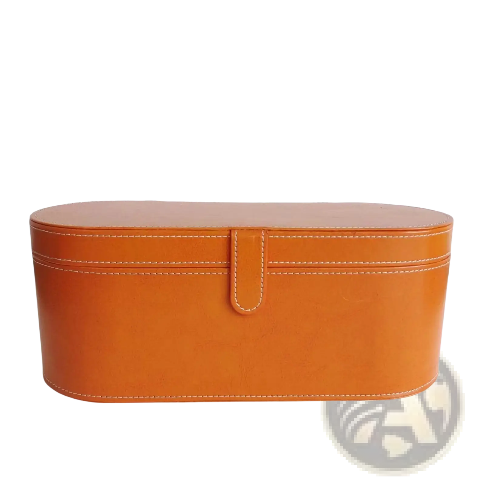 Orange leather oval makeup case with white stitching and central flap closure for 5-in-1 hot air comb hair dryer and styler set