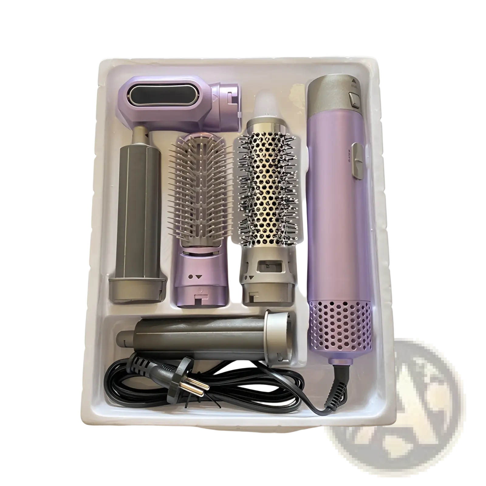 Purple and silver 5-in-1 hot air comb hair dryer with interchangeable styling attachments for versatile hair styling