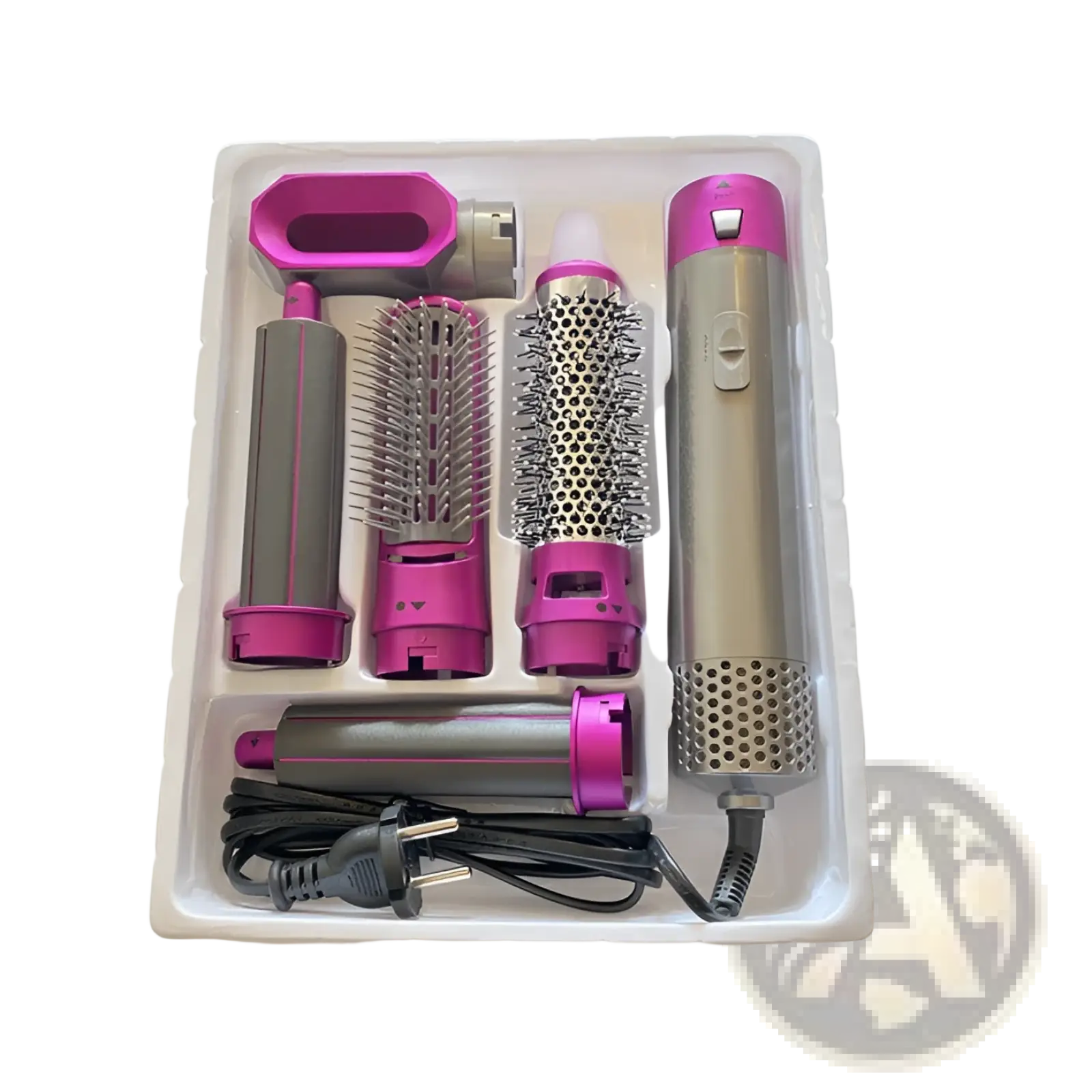 Pink and silver 5-in-1 hot air comb hair dryer and styler set with multiple attachments for versatile hair styling