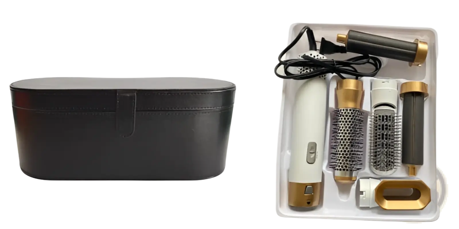 Black leather case for a white and gold 5-in-1 hot air comb hair dryer and styler set