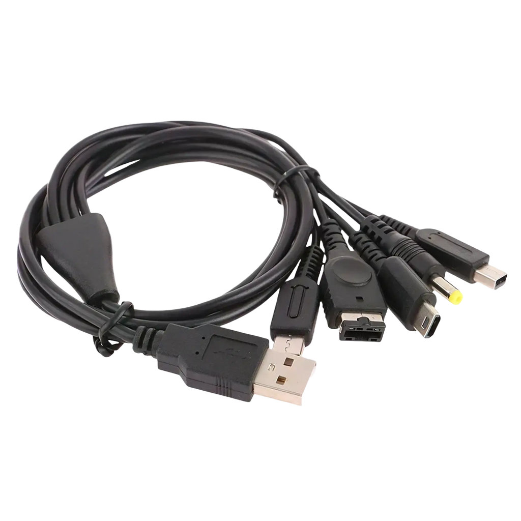 Black 5 in 1 multi console usb charging cable with various connectors including usb-a and playstation 3 style plug