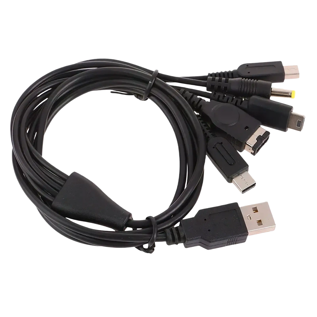 Black 5 in 1 multi console USB charging cable with USB-A and multiple game console connectors for versatile charging