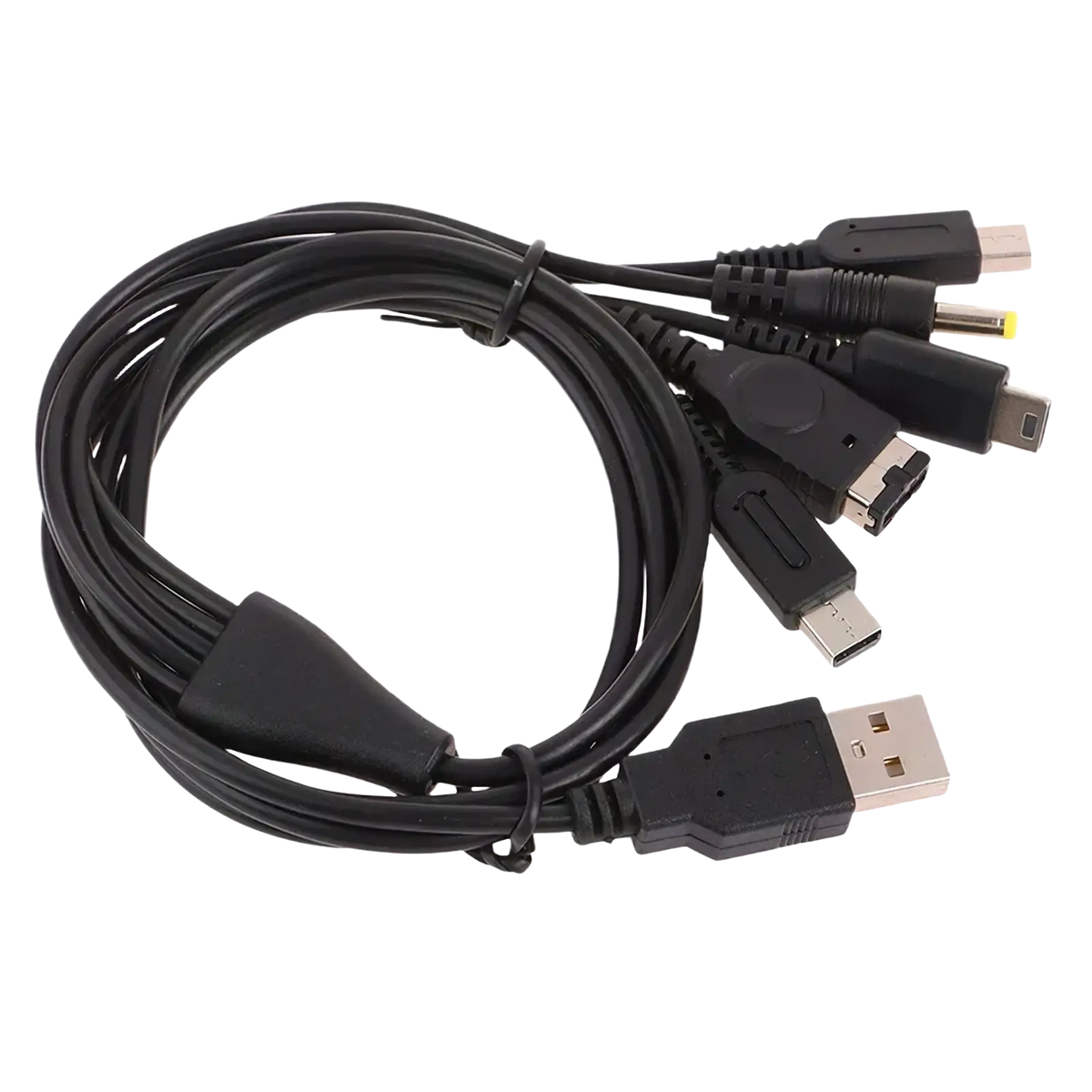 Black 5 in 1 multi console USB charging cable with USB-A and multiple game console connectors for versatile charging