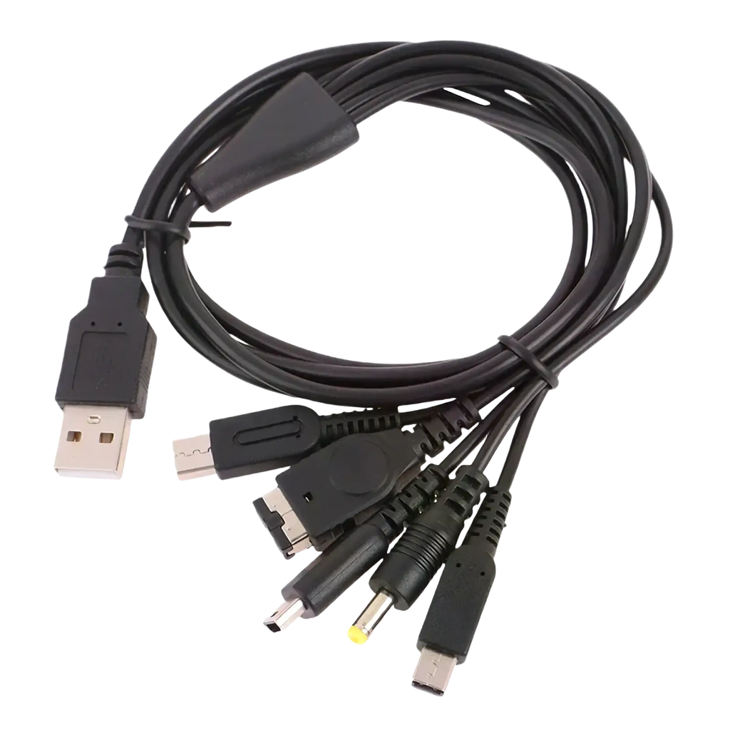 Black 5 in 1 multi console usb charging cable with usb-a connector and multiple adapter plugs for versatile use