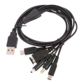 Black 5 in 1 multi console usb charging cable with usb-a connector and multiple adapter plugs for versatile use