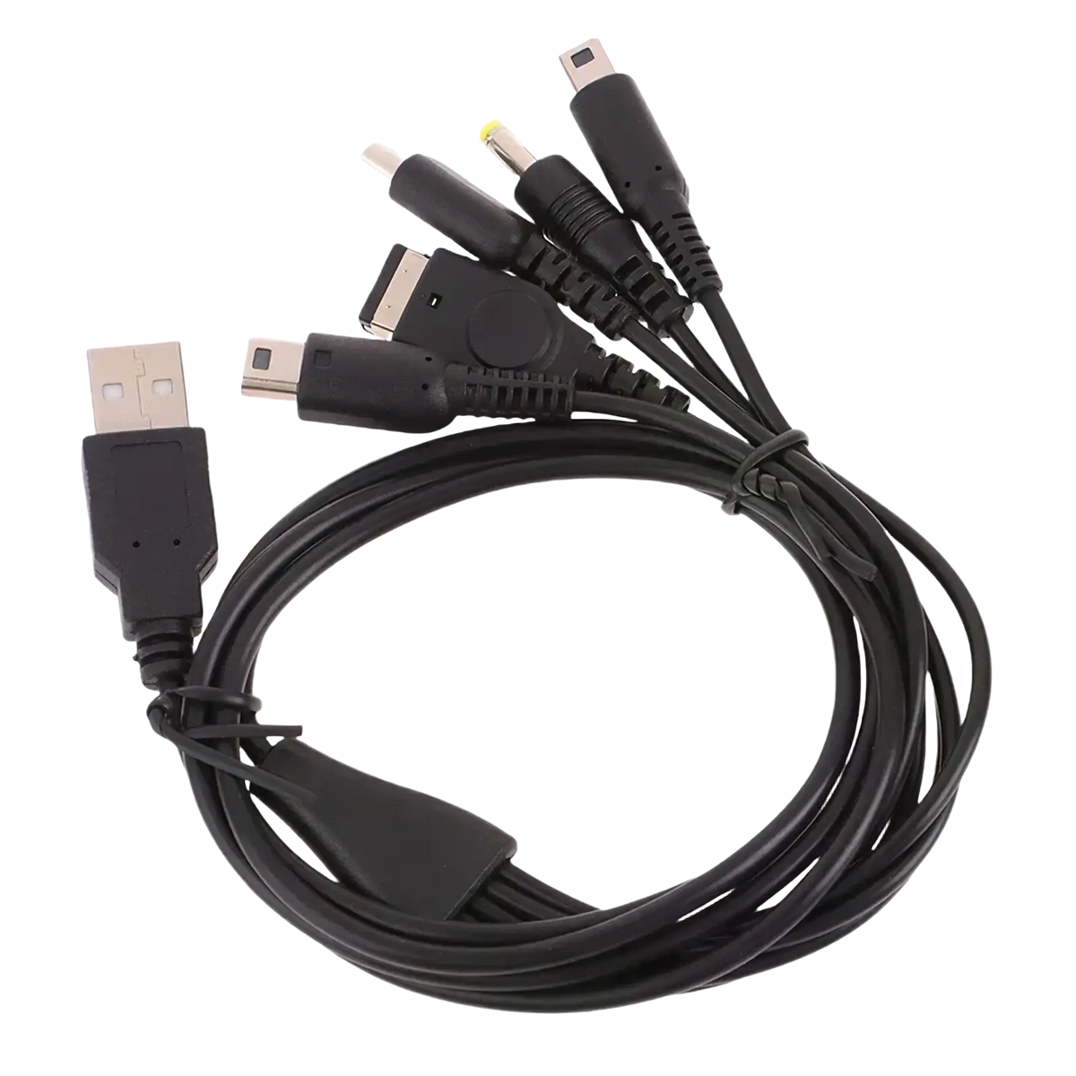 Black 5 in 1 multi console USB charging cable with USB micro USB and various proprietary connectors for devices