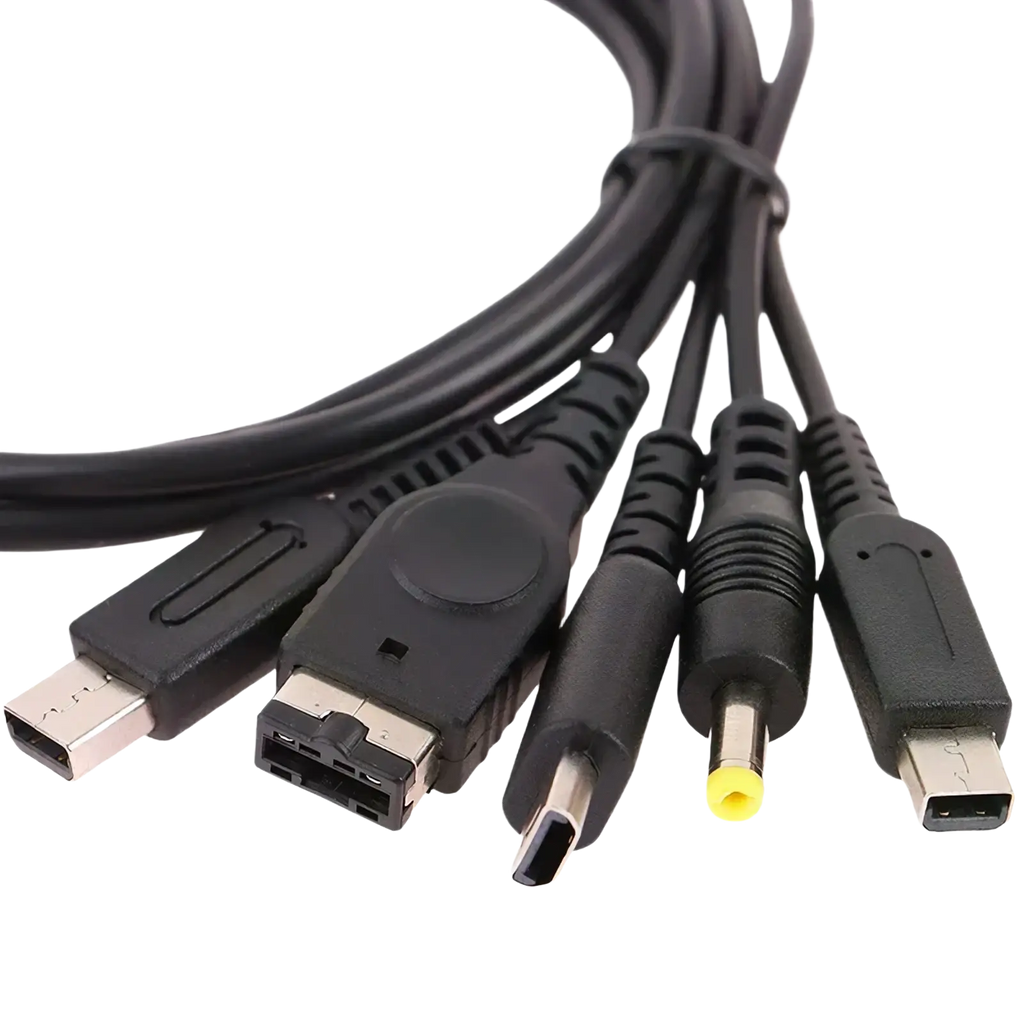 Black 5 in 1 multi console usb charging cable with usb micro usb and dc power plugs for versatile device charging
