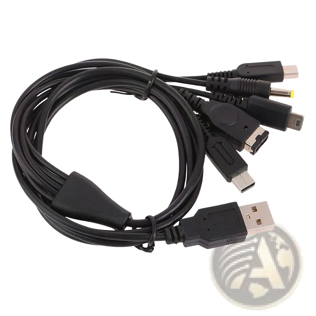 Black 5 in 1 multi console USB charging cable with USB-A and multiple game console connectors for versatile charging