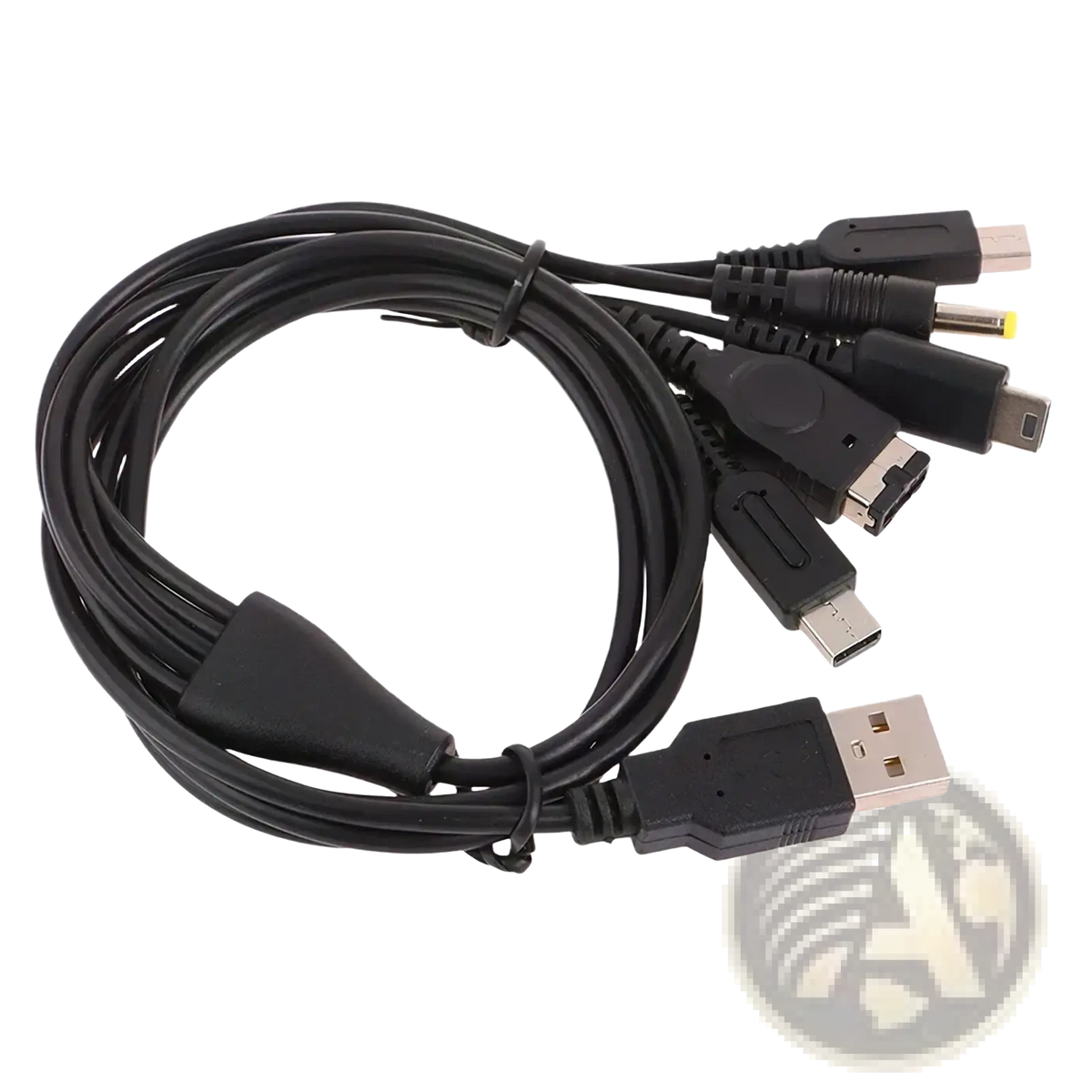 Black 5 in 1 multi console USB charging cable with USB-A and multiple game console connectors for versatile charging