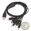 Black 5 in 1 multi console usb charging cable with usb-a connector and multiple adapter plugs for versatile use