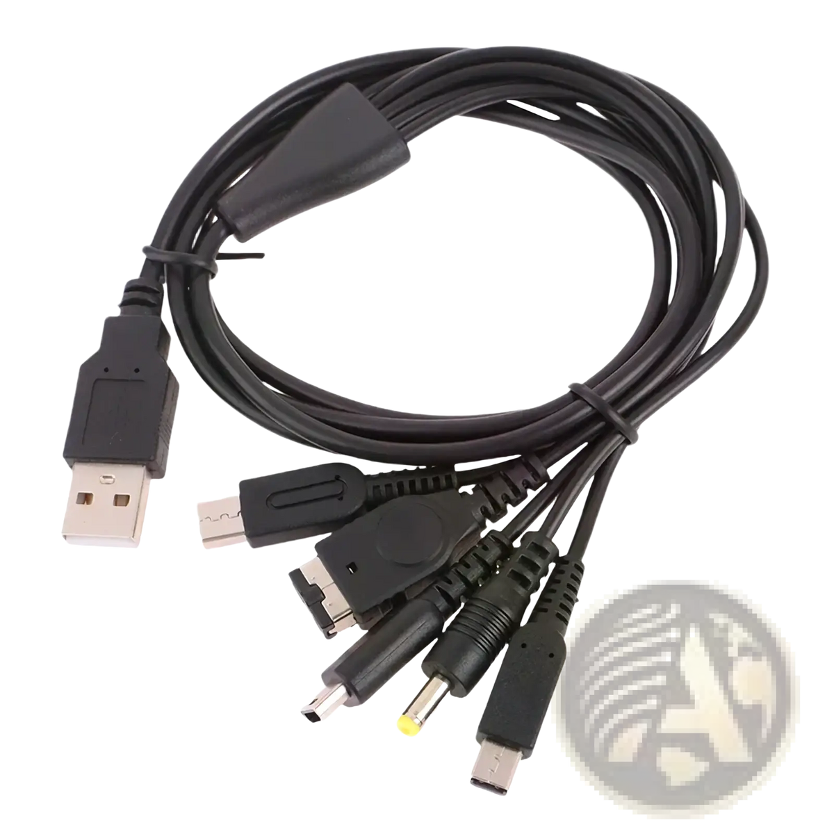 Black 5 in 1 multi console usb charging cable with usb-a connector and multiple adapter plugs for versatile use