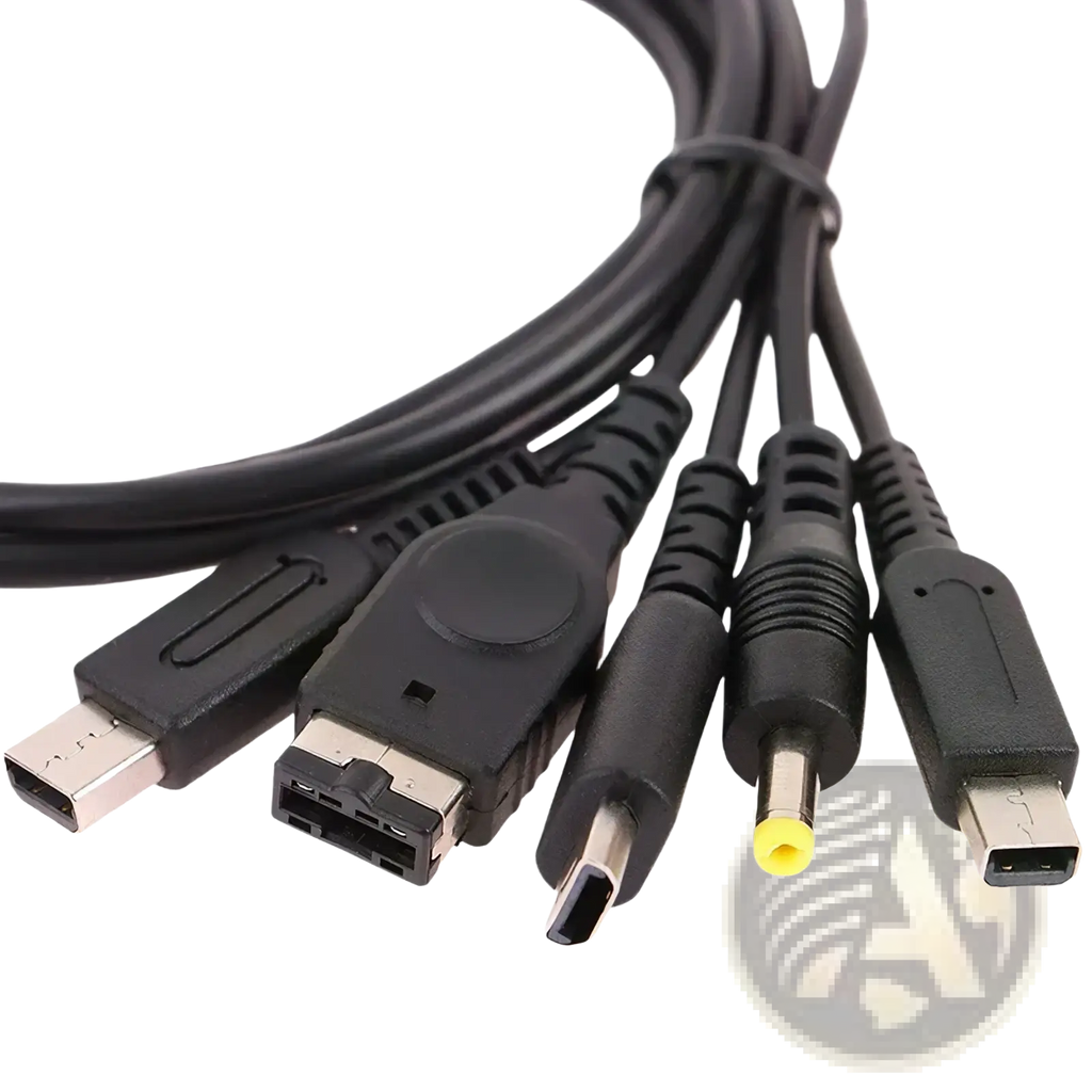 Black 5 in 1 multi console usb charging cable with usb micro usb and dc power plugs for versatile device charging