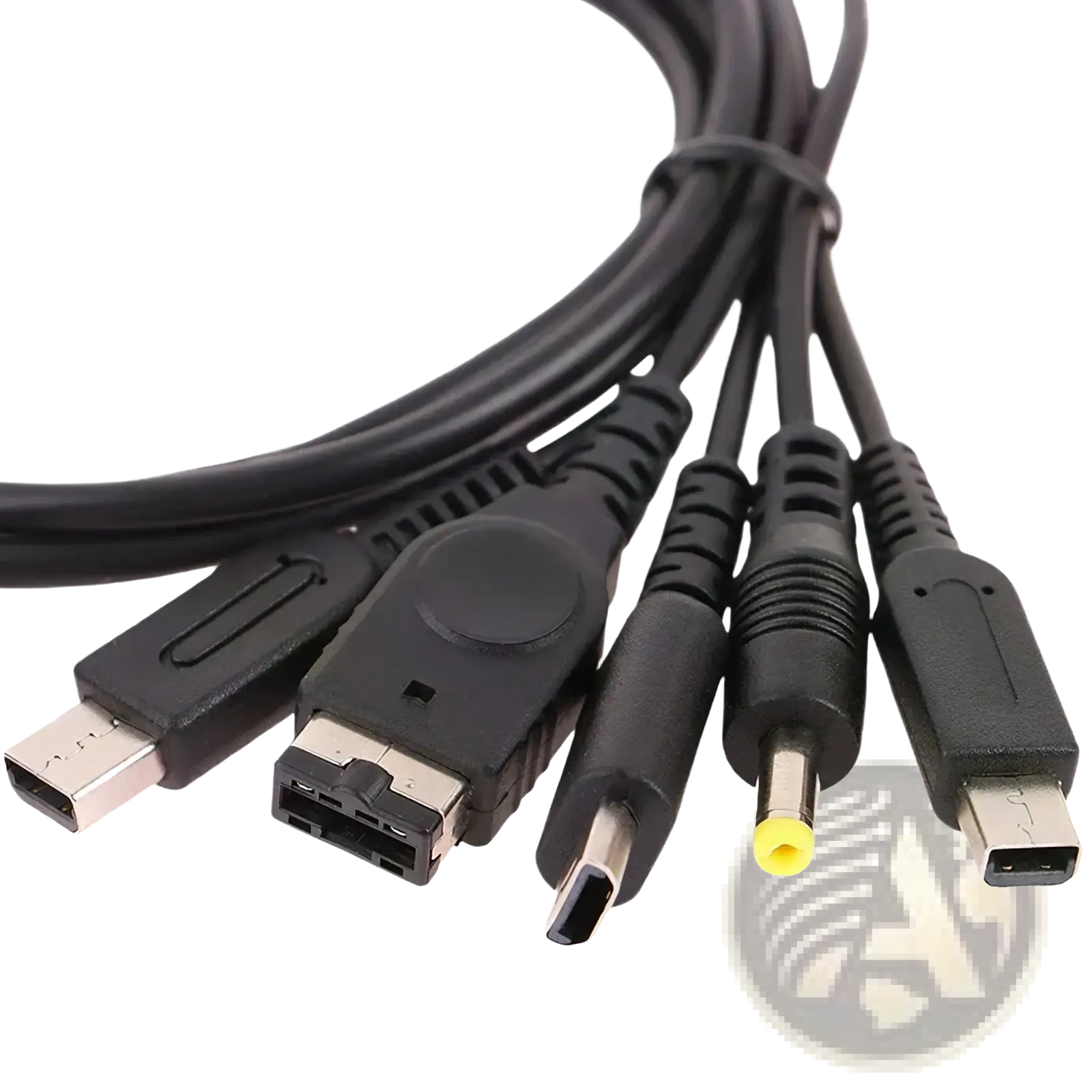 Black 5 in 1 multi console usb charging cable with usb micro usb and dc power plugs for versatile device charging