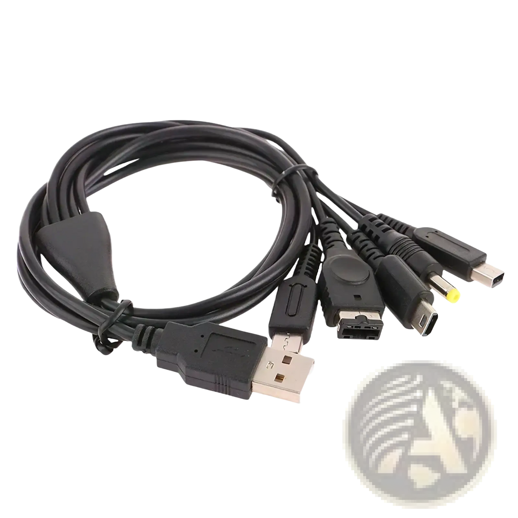 Black 5 in 1 multi console usb charging cable with various connectors including usb-a and playstation 3 style plug