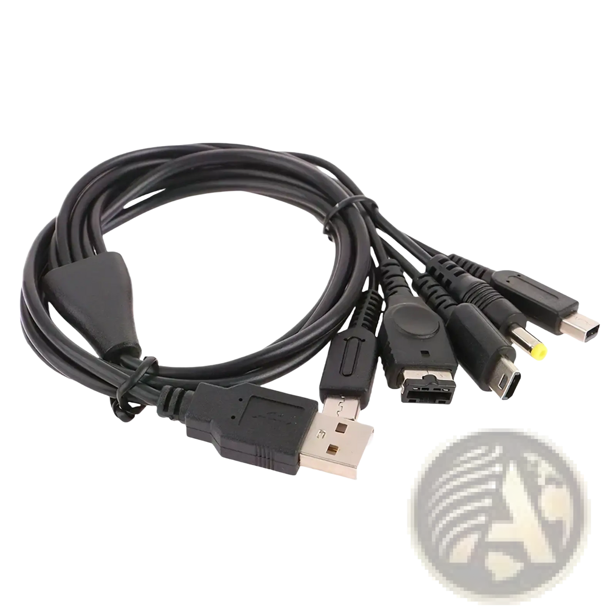 Black 5 in 1 multi console usb charging cable with various connectors including usb-a and playstation 3 style plug
