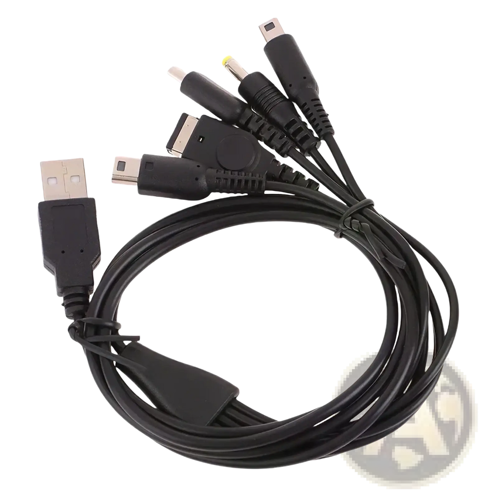 Black 5 in 1 multi console USB charging cable with USB micro USB and various proprietary connectors for devices