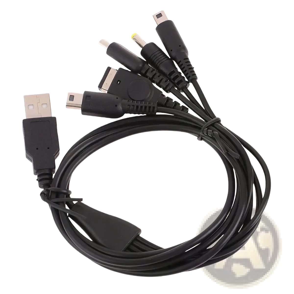 Black 5 in 1 multi console USB charging cable with USB micro USB and various proprietary connectors for devices