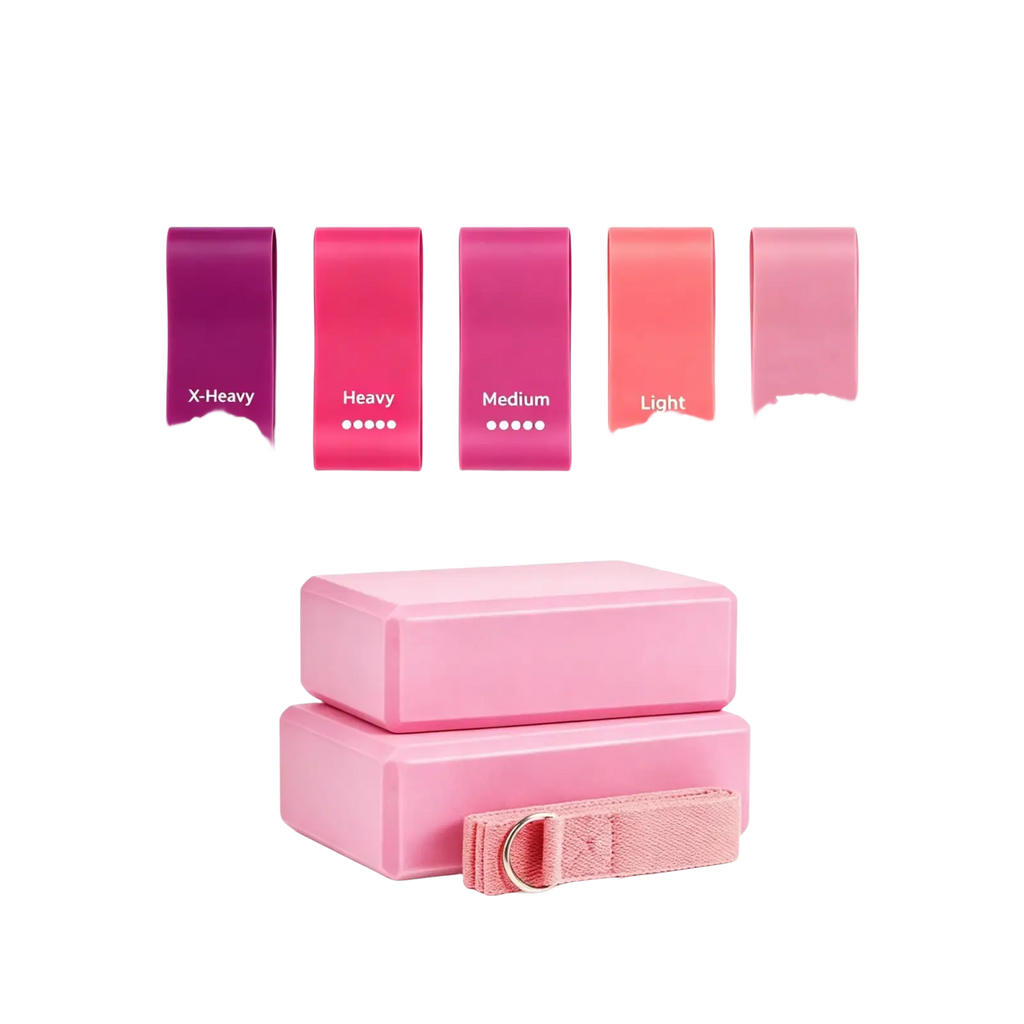 Pink non-slip eva blocks stacked with a matching strap featuring a metal buckle in a 5-level resistance bands set