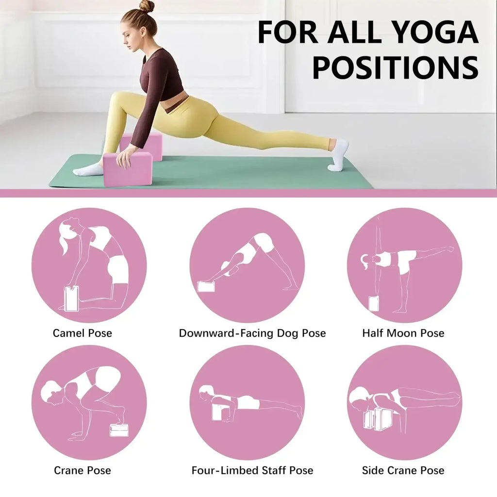 Pink non-slip eva block for all yoga positions included in 5-level resistance bands and eva blocks set