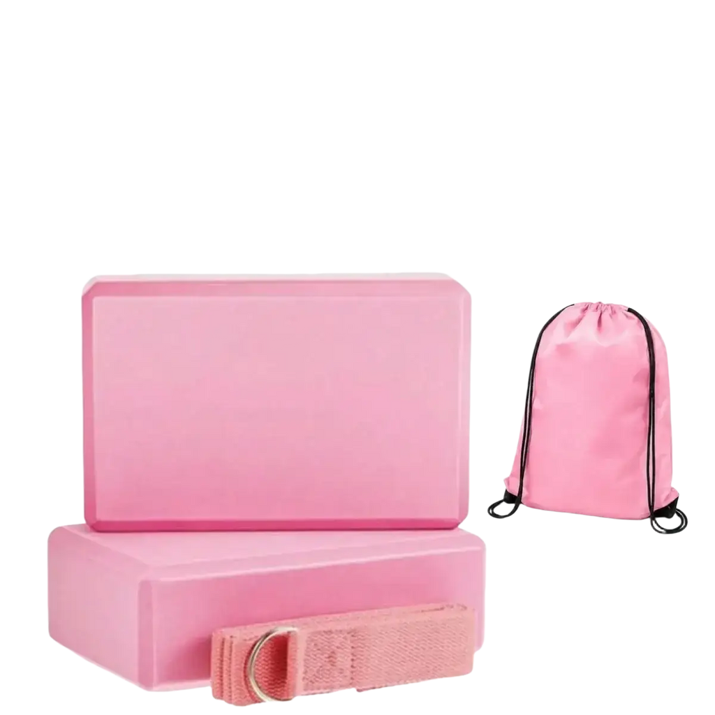 Pink non-slip eva blocks set with matching drawstring bag and strap for resistance bands exercises