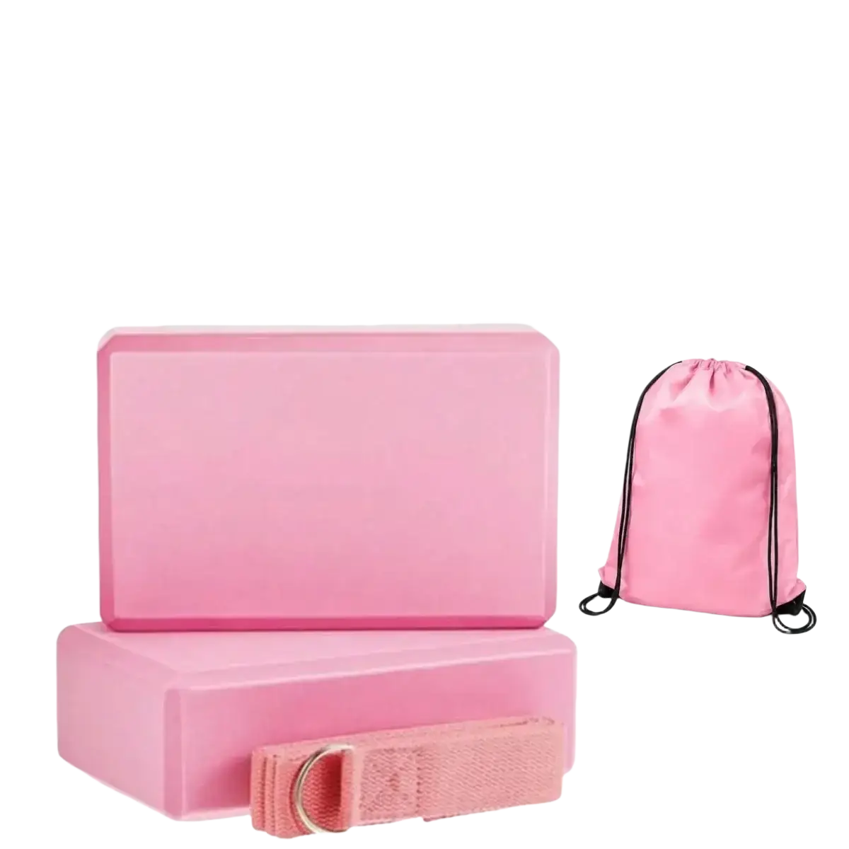 Pink non-slip eva blocks set with matching drawstring bag and strap for resistance bands exercises