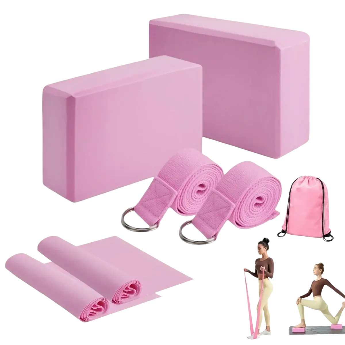 Pink 5-level resistance bands set with non-slip eva blocks foam yoga blocks rolled resistance bands and drawstring bag