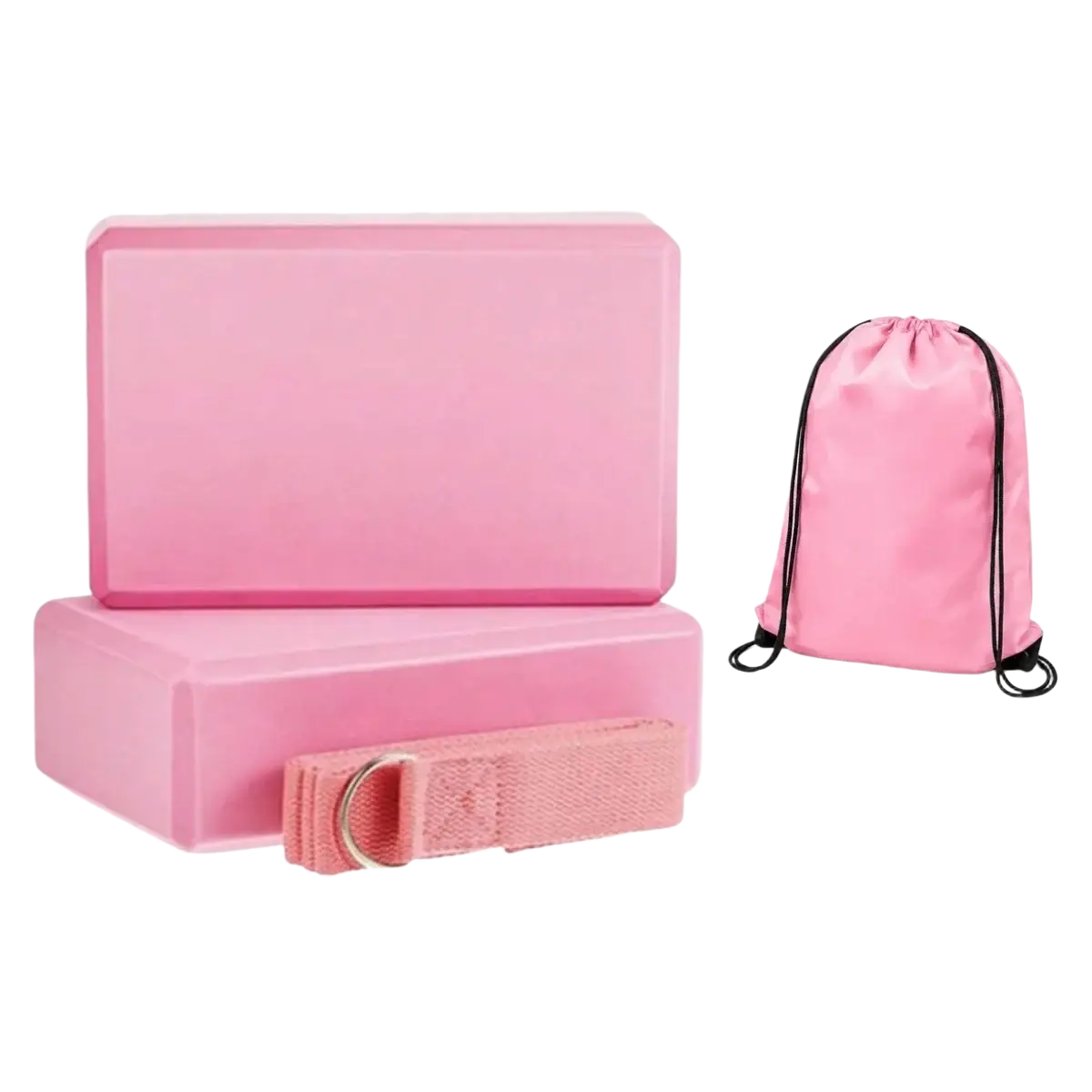 Pink yoga block set with non-slip eva blocks, matching drawstring bag, and 5-level resistance bands for workout