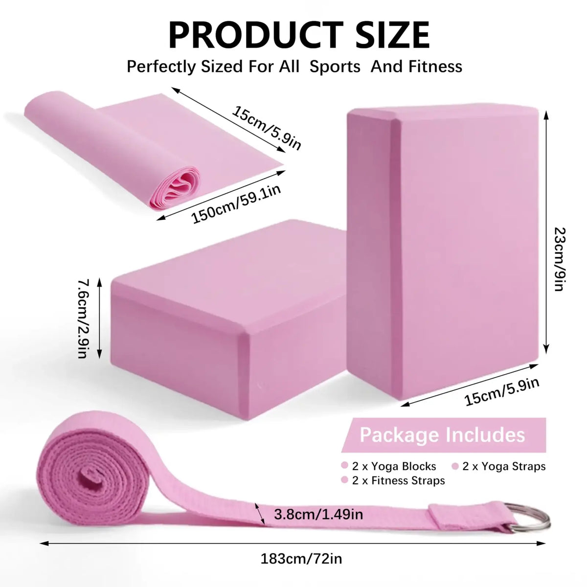 Pink yoga mat with rolled-up dimensions and matching strap in 5-level resistance bands and non-slip eva blocks set pink
