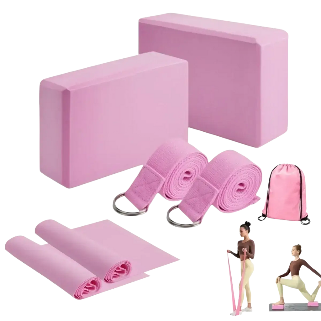 Pink yoga mat set with 5-level resistance bands and non-slip eva blocks including matching foam blocks and drawstring bag