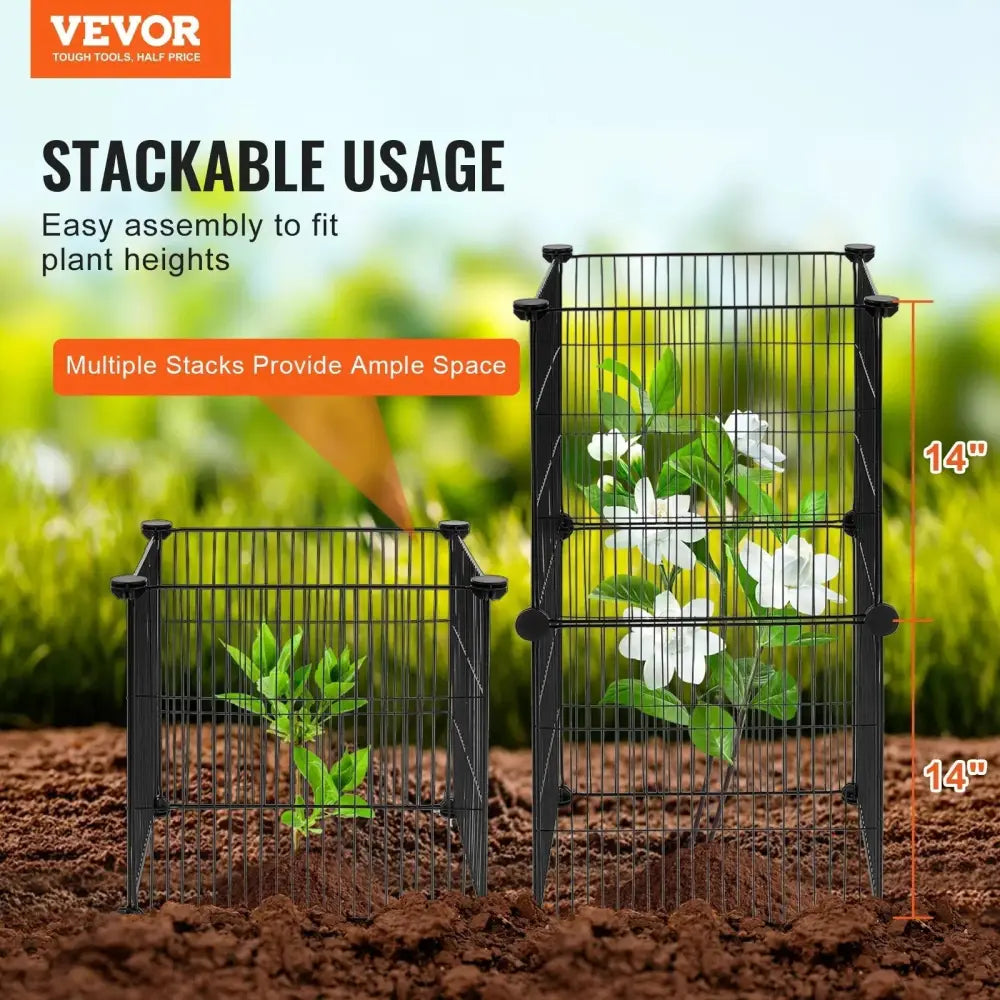 Black metal stackable plant support cages in a 5-pack rust-proof metal garden plant protectors set