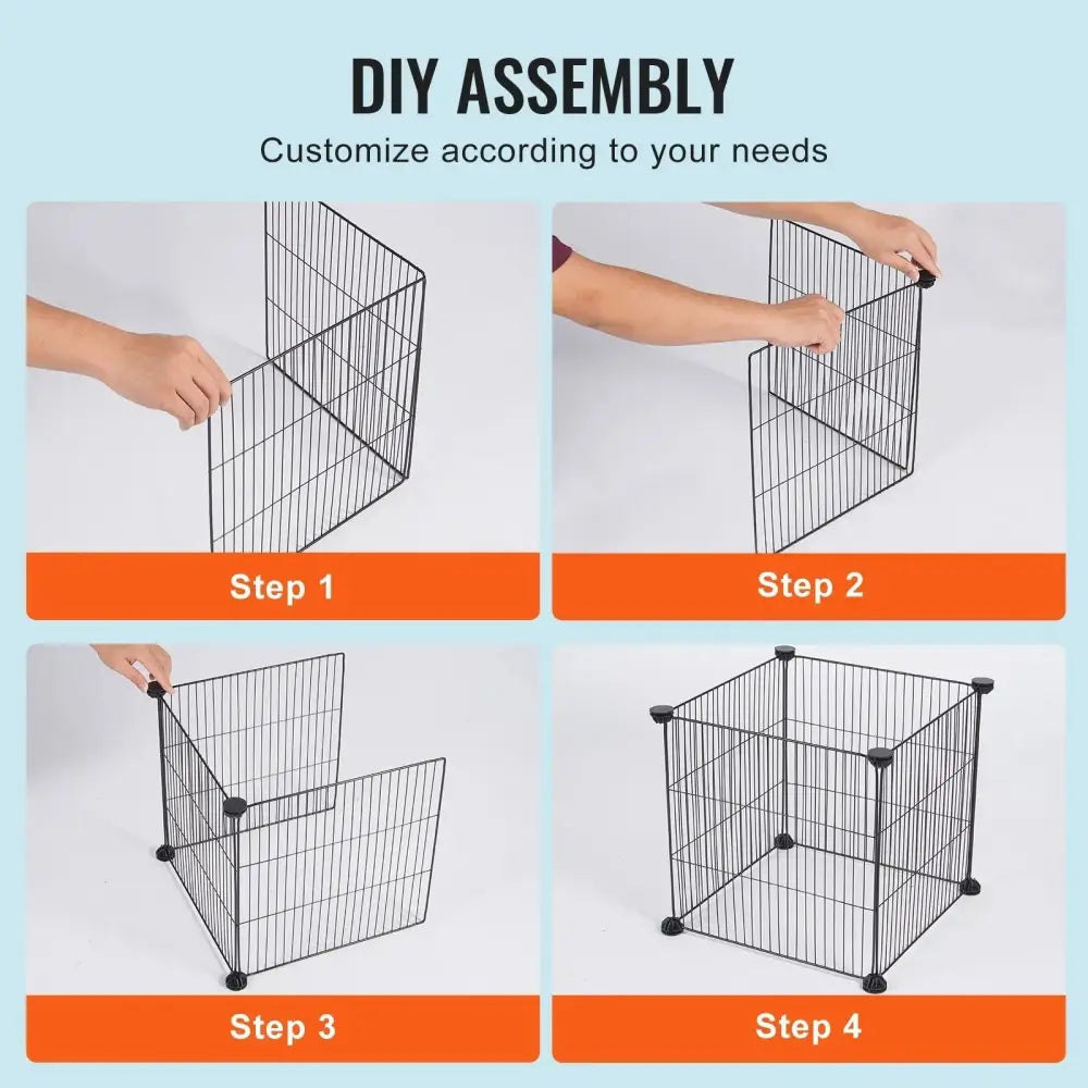 Black metal wire grid panels with plastic corner connectors and wheels designed for diy assembly in rust-proof garden plant cages