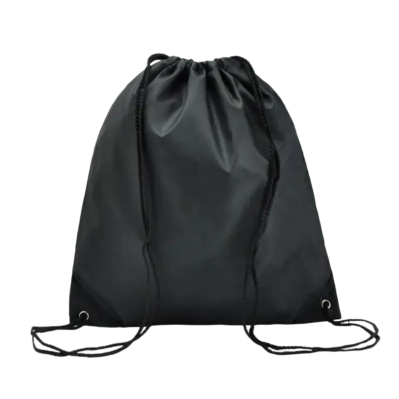 Black drawstring backpack with reinforced corners and smooth reflective nylon finish from 5-pack waterproof gym set